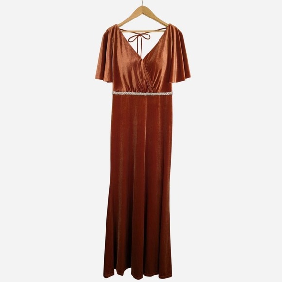 SORELLA VITA Dresses & Skirts - Sorella Vita Velvet Flutter Sleeve Beaded Waist Formal Maxi Gown
